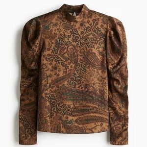 NWT Paisley Satin Blouse – Size Small – Mock Neck – Statement Sleeve